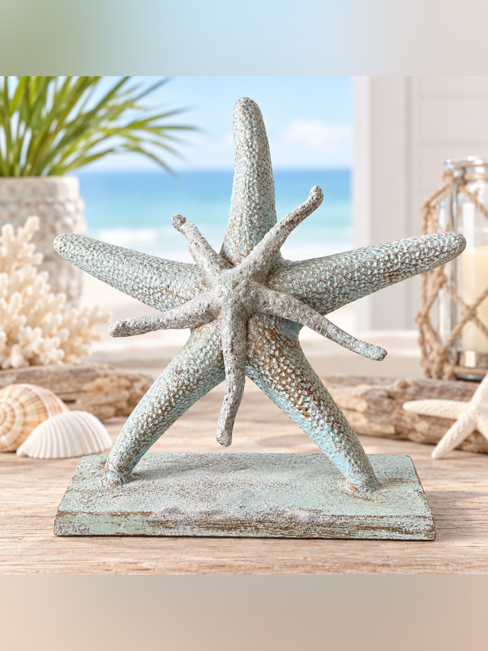 Metal Mama & Baby Starfish Seafoam Sculpture โข Coastal Beach House Ocean Decor